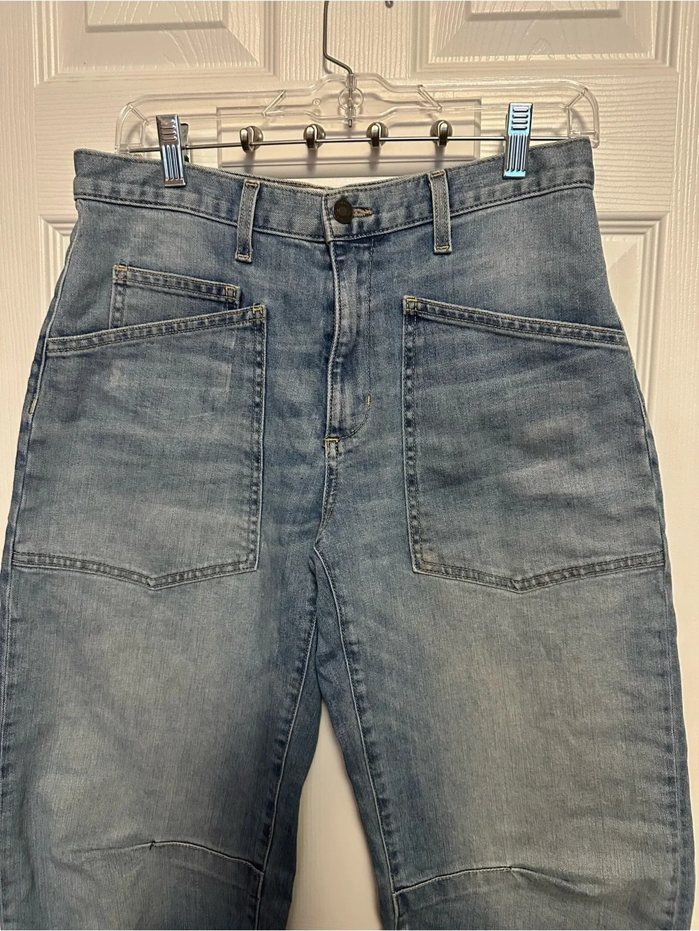 Nili Lotan Patch-Pocket Slim Barrel Jeans in Washed Blue